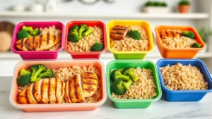Colorful array of nutritious frozen meal containers with grilled chicken, steamed broccoli, and brown rice in modern kitchen setting, healthy and appetizing presentation
