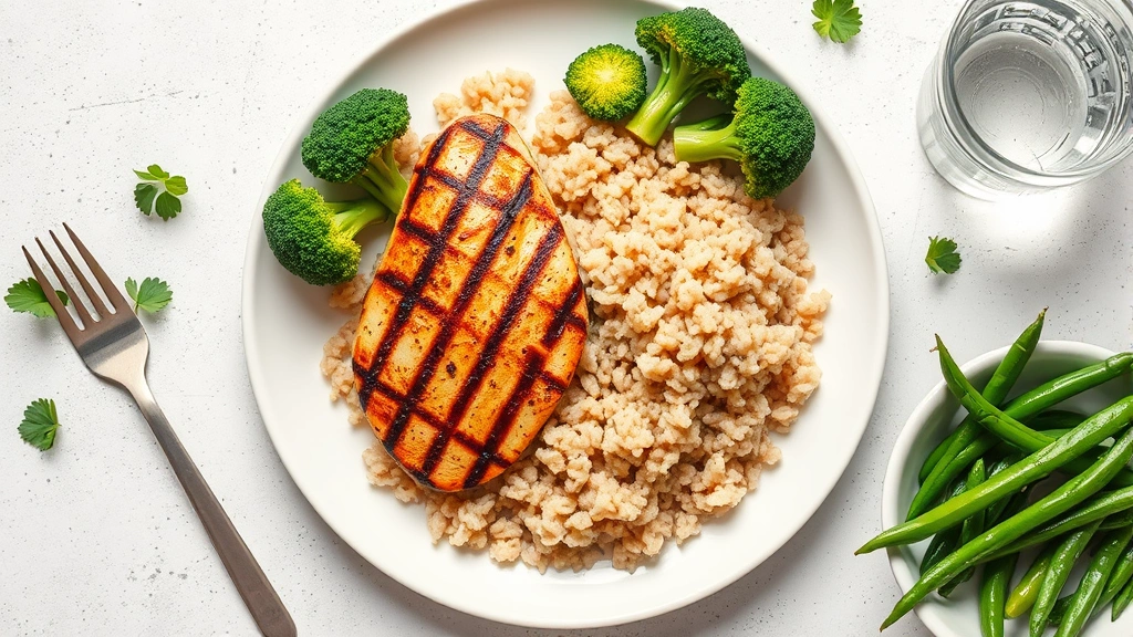 Overhead flat lay of healthy frozen meal components: grilled chicken breast, steamed broccoli, brown rice, and green beans on a white plate with water glass
