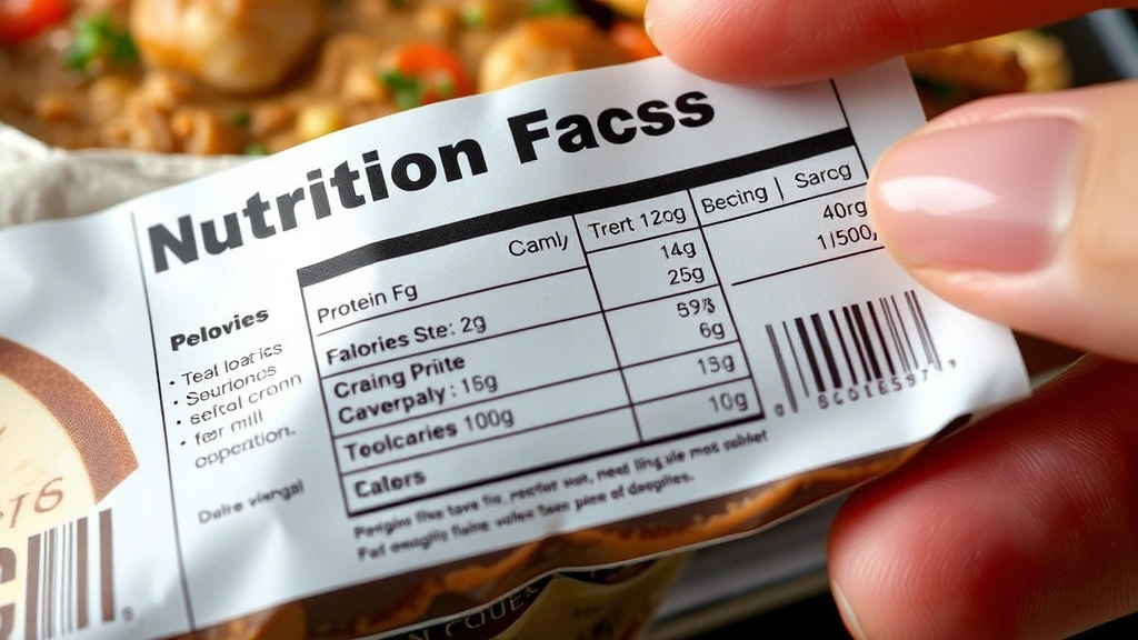 Close-up of frozen meal nutrition label being read by person's hand, showing protein and calorie information clearly visible, realistic and well-lit