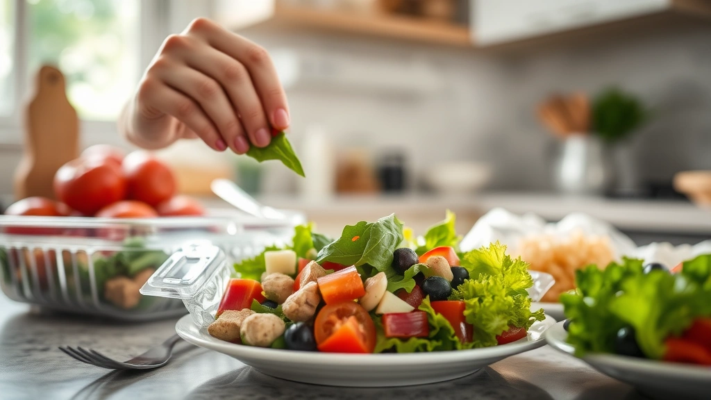 Close-up of someone preparing a frozen meal in a kitchen, adding fresh salad vegetables to a plate, natural sunlight through window, healthy food preparation