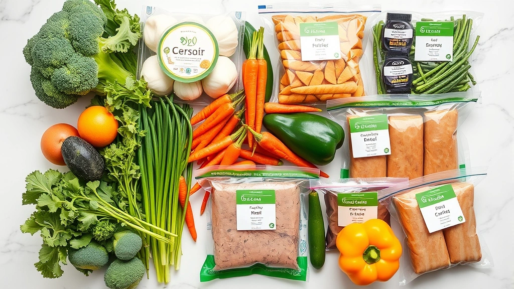 Variety of fresh and frozen vegetables including broccoli, carrots, and bell peppers alongside frozen protein packages, organized on white marble countertop