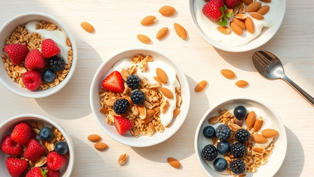 Overhead flat lay of various granola bowls with Greek yogurt, fresh berries, and almonds on a light wooden table, natural morning sunlight, healthy breakfast aesthetic, no text or labels visible