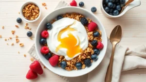 Overhead flat lay of a white bowl filled with granola, berries, Greek yogurt, and honey drizzle on a light wooden table with a napkin, natural daylight, health-focused breakfast composition