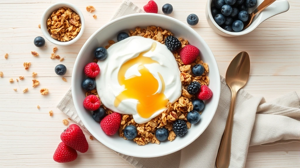 Overhead flat lay of a white bowl filled with granola, berries, Greek yogurt, and honey drizzle on a light wooden table with a napkin, natural daylight, health-focused breakfast composition