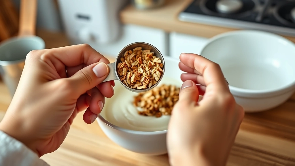 Close-up of hands holding a small measuring cup of granola over a bowl of plain yogurt, showing proper portion control, warm natural lighting, realistic kitchen setting