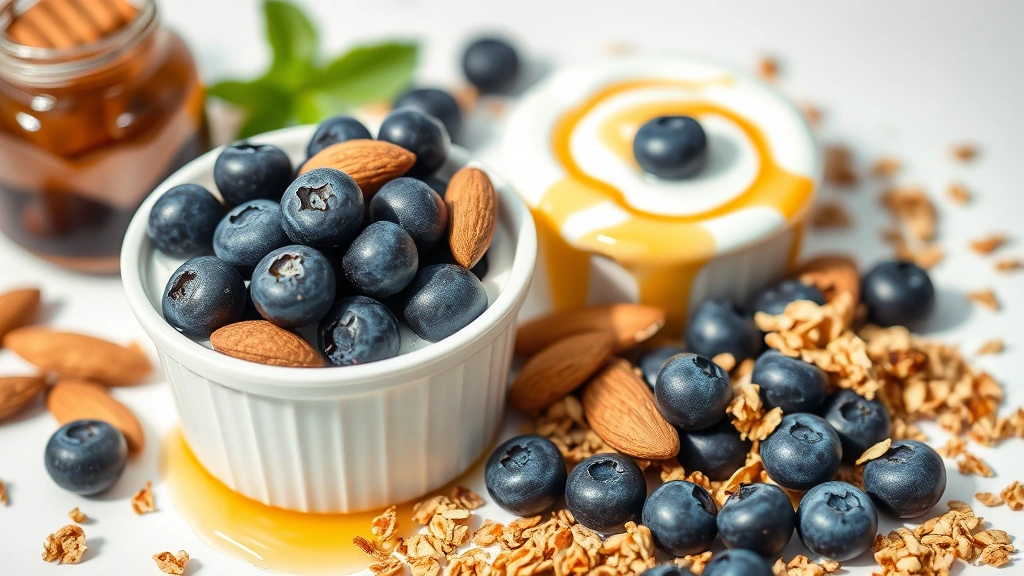 Colorful arrangement of nutritious breakfast ingredients—Greek yogurt container, fresh blueberries, almonds, honey drizzle, granola scattered artfully—bright natural lighting, wellness-focused composition