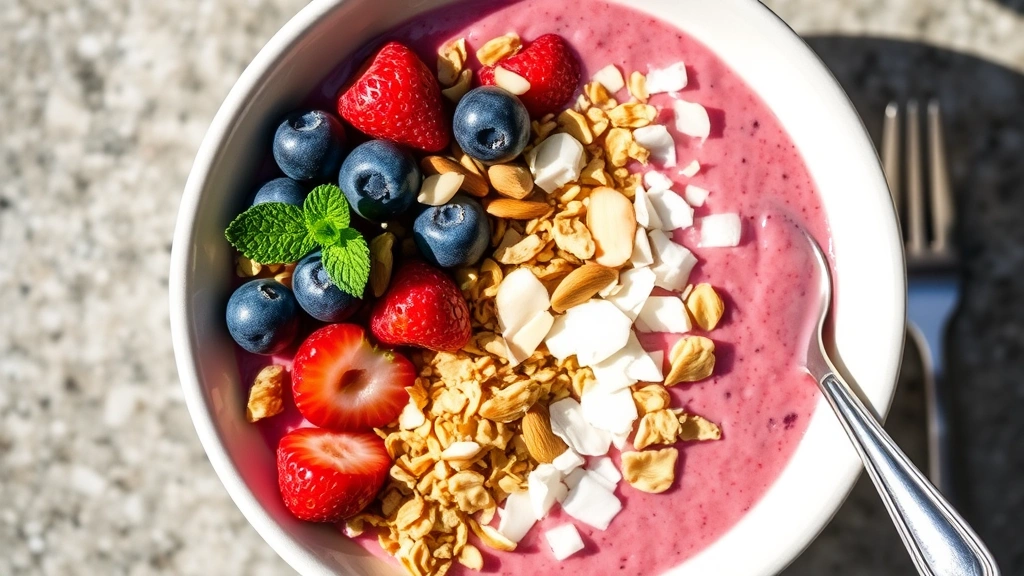 Colorful smoothie bowl topped with granola clusters, fresh berries, coconut flakes, and almonds, photographed from above with a spoon on the side, bright natural light, appetizing presentation