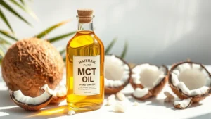 Pure golden MCT oil in clear glass bottle with whole coconuts and coconut pieces on white surface, bright natural lighting, wellness aesthetic