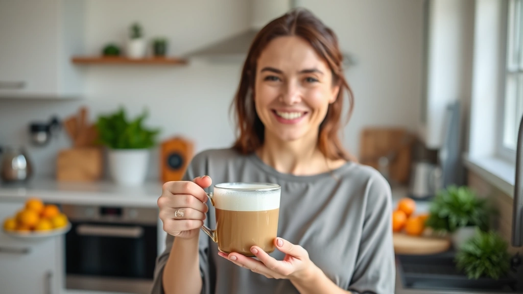 Woman in bright modern kitchen holding cup of coffee with MCT oil, smiling, fresh citrus fruits and green vegetables on counter in background