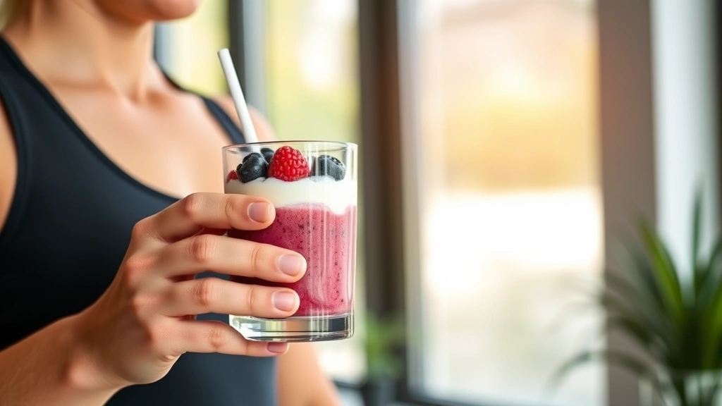 Active person after morning workout holding glass of MCT oil smoothie with berries and Greek yogurt, natural daylight from window, healthy lifestyle setting