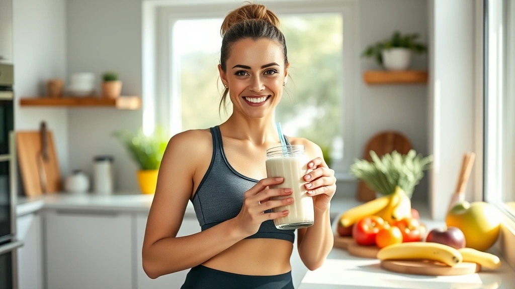Professional woman in athletic wear holding a vanilla protein shake, smiling confidently in bright kitchen with fresh fruit and vegetables on counter, natural morning light streaming through windows
