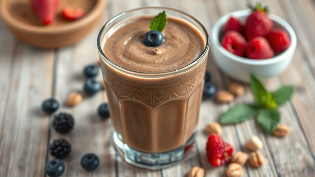 Close-up of creamy chocolate meal replacement shake in glass with fresh berries and nuts nearby, wooden table surface, professional food photography styling, wellness aesthetic