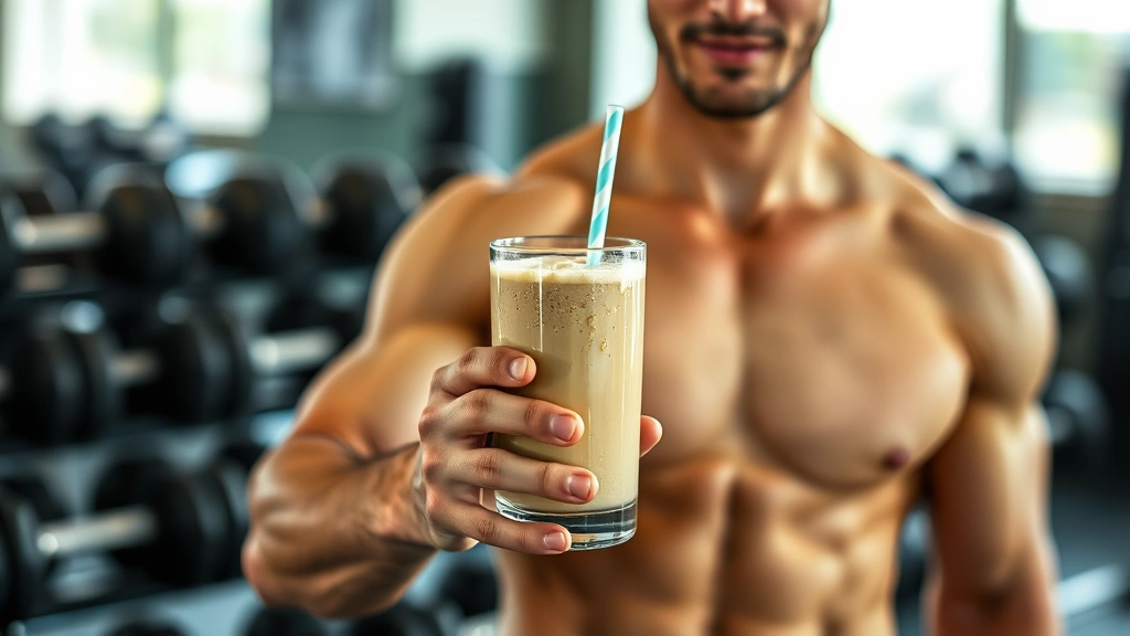 Fit individual at gym holding protein shake after workout, moisture on glass, athletic background with dumbbells visible, energetic and healthy appearance, natural gym lighting