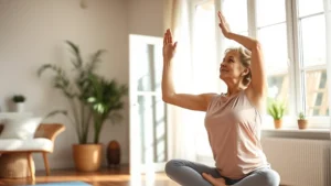 Woman in 50s practicing yoga or stretching in bright, modern home environment, natural sunlight streaming through windows, peaceful expression, wellness-focused