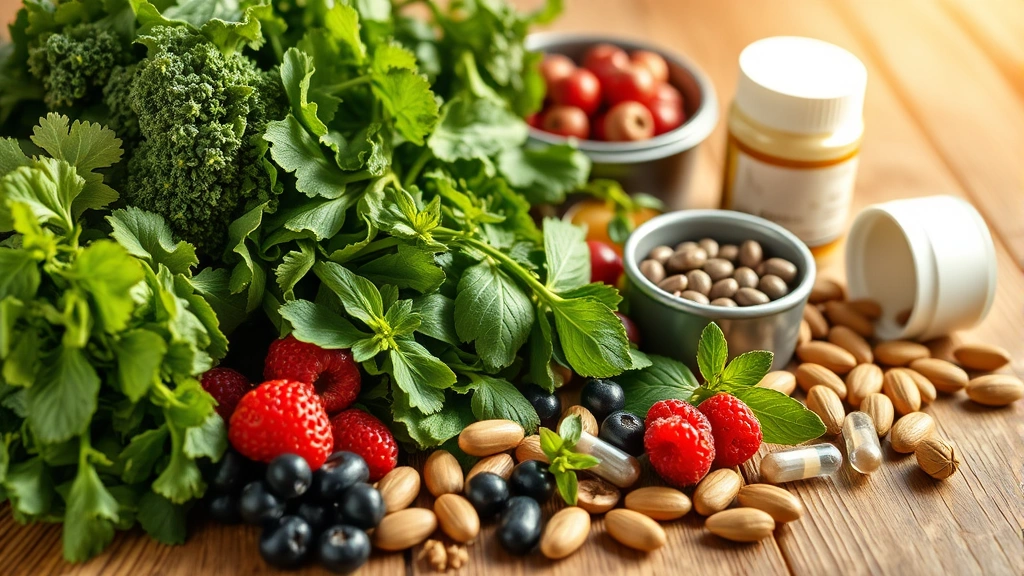 Close-up of fresh green vegetables, berries, nuts, and supplements arranged on wooden surface with warm natural lighting, emphasizing whole foods and wellness