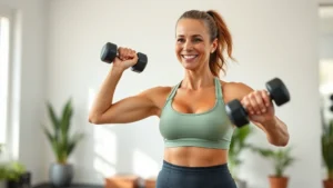 Fit middle-aged woman in athletic wear performing dumbbell exercise in bright home gym, smiling with confidence and strength, natural lighting emphasizing health and wellness