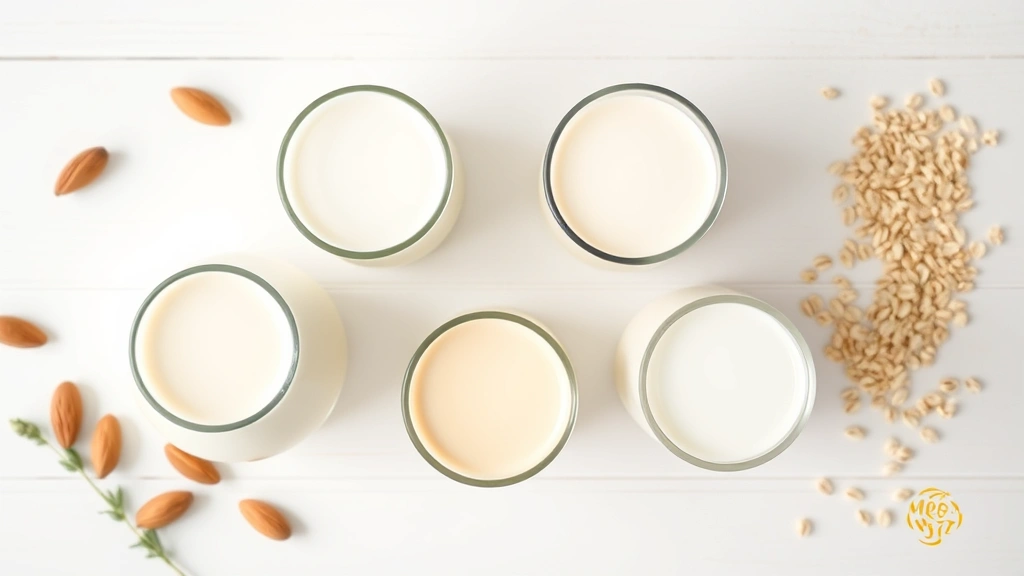 Overhead flat lay of four different milk types in clear glasses - dairy skim milk, unsweetened almond milk, oat milk, and soy milk - arranged on a bright white wooden table with fresh ingredients like almonds, oats, and soybeans scattered nearby, natural daylight, clean minimalist aesthetic, photorealistic