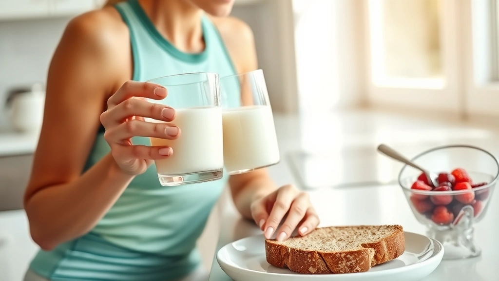 Close-up of a woman in athletic wear drinking unsweetened almond milk from a glass during morning breakfast, sitting at a bright kitchen counter with whole grain toast and fresh berries visible, warm natural lighting, healthy lifestyle photography, photorealistic