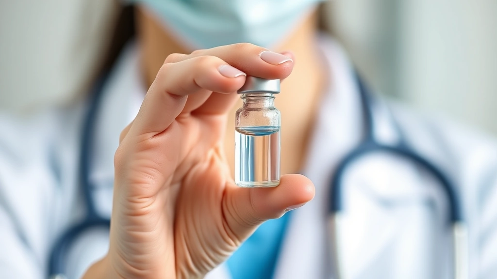 Close-up of a healthcare professional holding a small vial of clear peptide solution against a soft clinical background, symbolizing medical-grade weight loss treatment