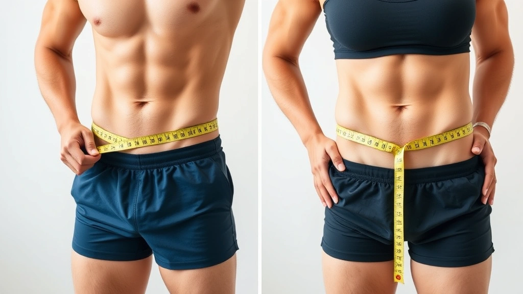 Athletic person measuring waist circumference with tape measure, showing body composition transformation, standing in bright natural light with neutral background