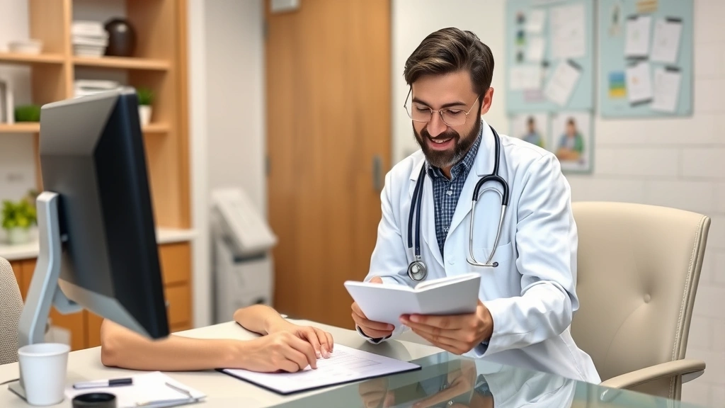 Healthcare provider discussing treatment plan with patient at desk, medical office, both looking at tablet, professional and supportive atmosphere