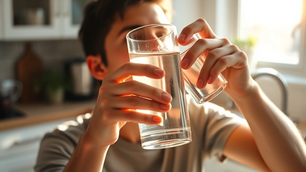 Person drinking water from glass, kitchen background, fresh and healthy appearance, morning sunlight through window, hydration focus