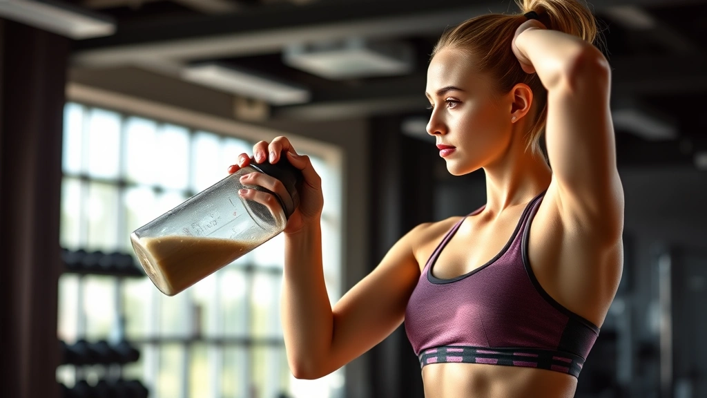 Fit woman in gym clothes preparing to drink pre-workout supplement powder mixed in shaker bottle, bright gym lighting, natural daylight, focused expression