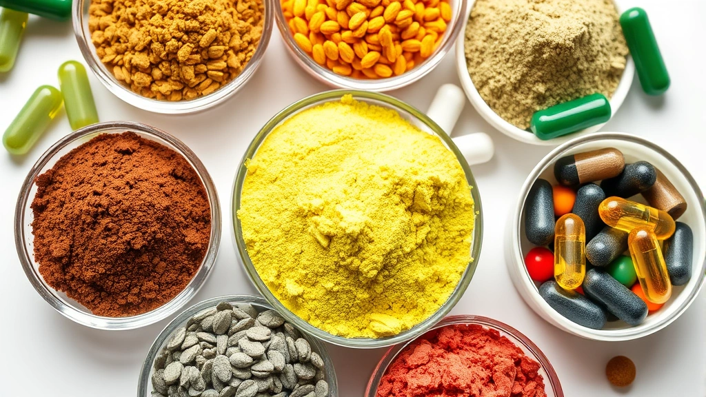 Close-up of various colorful supplement powders and capsules in small bowls, representing different pre-workout ingredients like green tea extract and amino acids, clean white surface