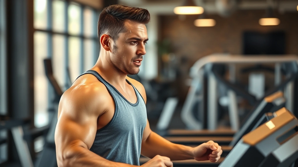 Athletic man mid-intense cardio workout on treadmill, sweat on face, determined expression, modern gym environment with equipment visible in background