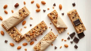 Overhead flat lay of assorted protein bars in natural wrappers with almonds, dates, and dark chocolate pieces scattered around on light wood surface, natural daylight, healthy snack concept