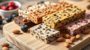 Close-up of colorful protein bars arranged on a wooden cutting board with almonds and berries scattered around, natural lighting, fitness lifestyle aesthetic