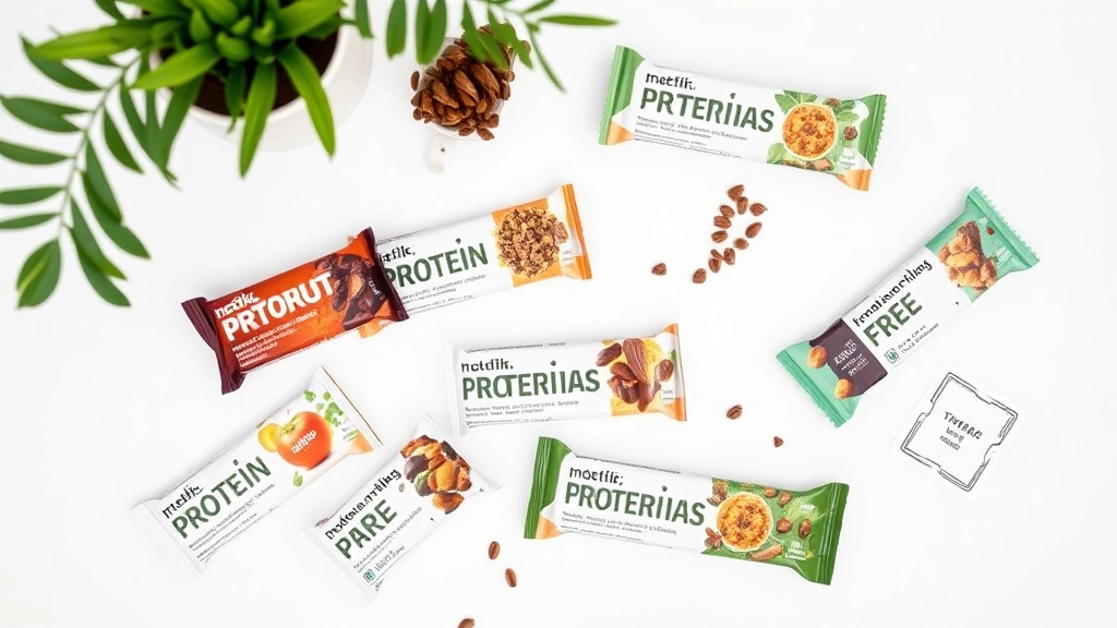 Overhead shot of various protein bar brands displayed on a white surface with nutritional information cards, health-focused presentation with green plant accent