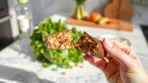 Close-up of a protein bar broken in half showing nuts and chocolate coating, held by a hand with fresh green vegetables and water bottle nearby on a bright white marble countertop, natural daylight, healthy lifestyle aesthetic