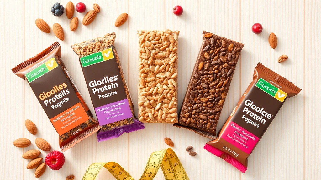 Overhead flat lay of five different protein bar varieties arranged artfully with almonds, berries, and a measuring tape on a light wood surface, bright morning lighting, wellness-focused composition