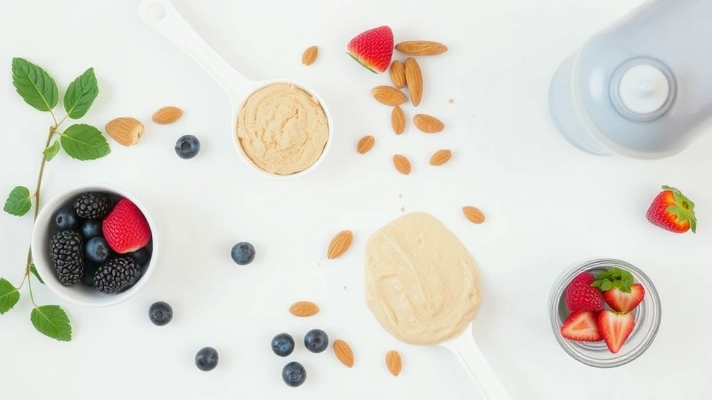 Overhead view of protein powder scoops, almonds, fresh berries, and a shaker bottle on a clean white countertop, minimalist wellness aesthetic
