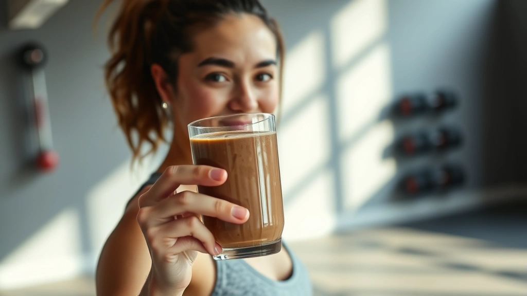 A woman enjoying a chocolate protein shake after a gym session, holding the glass with a satisfied expression, athletic wear, fitness studio environment with soft natural lighting