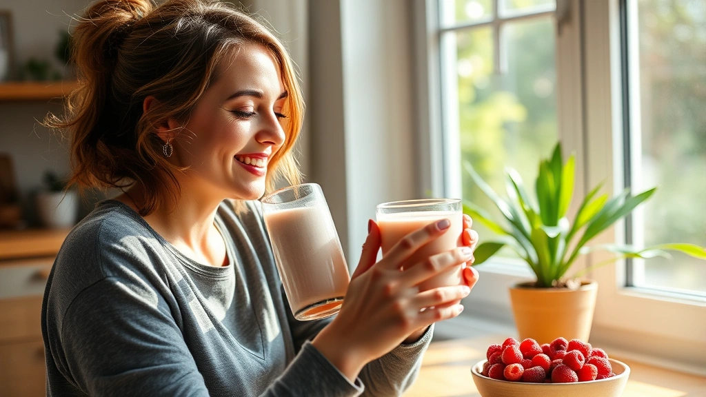 Woman drinking a protein shake at home, smiling, natural morning light through window, glass of creamy protein beverage with berries nearby, healthy lifestyle setting