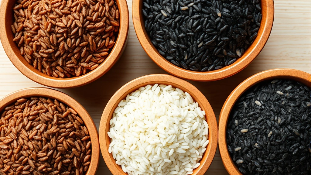 Close-up of various uncooked rice varieties in wooden bowls—brown rice, wild rice, black rice, and white rice—arranged on a light wooden surface, natural lighting highlighting texture differences