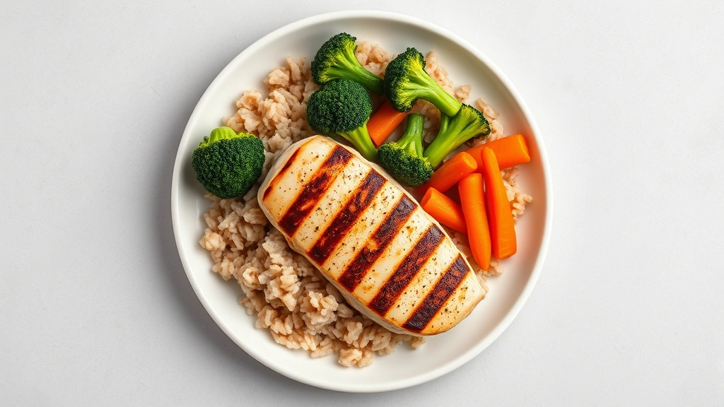 Overhead view of a balanced meal plate featuring cooked brown rice, grilled chicken breast, steamed broccoli, and carrots on a white ceramic plate, fresh and appetizing presentation