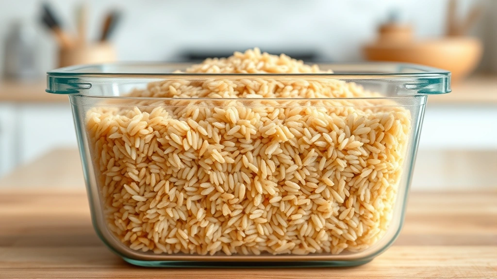 A glass container filled with cooled cooked brown rice, showcasing the texture and appearance of prepared rice ready for meal prep or storage in a modern kitchen setting