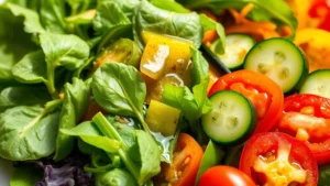 Fresh garden salad with colorful vegetables—spinach, tomatoes, cucumbers, bell peppers—drizzled with light vinaigrette dressing, professional food photography, bright natural lighting