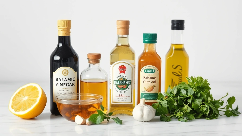 Array of healthy salad dressing ingredients displayed artfully—fresh lemon, balsamic vinegar, olive oil, Dijon mustard, garlic, fresh herbs—on marble countertop, minimalist composition