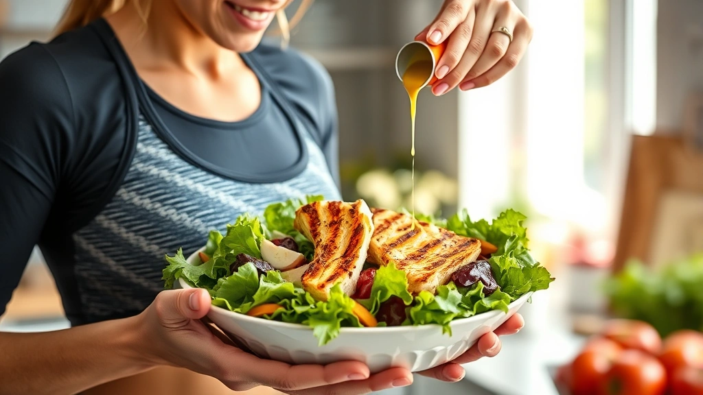 Woman in fitness attire enjoying a large green salad with grilled chicken, healthy dressing being drizzled, bright kitchen setting, wellness-focused lifestyle photography