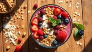 Vibrant smoothie bowl topped with fresh berries, granola, and coconut flakes in bright natural sunlight, shot from above on wooden surface with scattered ingredients around