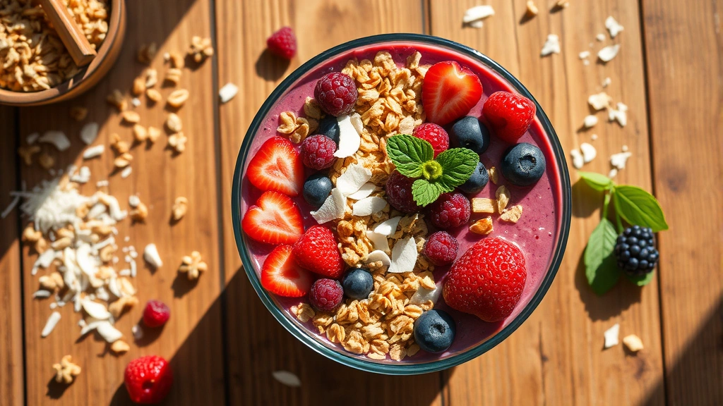 Vibrant smoothie bowl topped with fresh berries, granola, and coconut flakes in bright natural sunlight, shot from above on wooden surface with scattered ingredients around