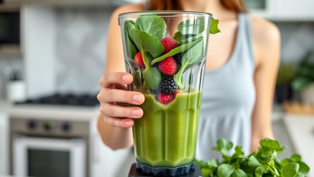 Woman blending green smoothie with spinach and frozen berries visible in blender pitcher, modern kitchen setting, focused on healthy beverage preparation process