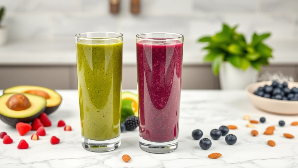 Three different colorful smoothies in tall glasses—green, purple, and chocolate—arranged on marble countertop with fresh ingredients like avocado, berries, and almonds scattered nearby