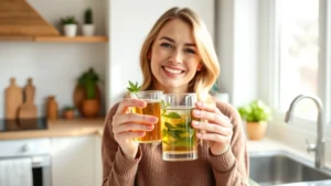 Woman holding glass of spearmint tea in bright kitchen, smiling, wellness-focused, natural lighting, healthy lifestyle aesthetic, no text visible