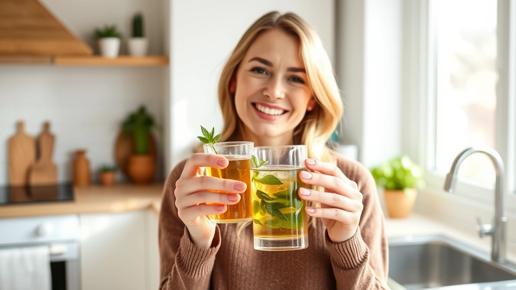 Woman holding glass of spearmint tea in bright kitchen, smiling, wellness-focused, natural lighting, healthy lifestyle aesthetic, no text visible