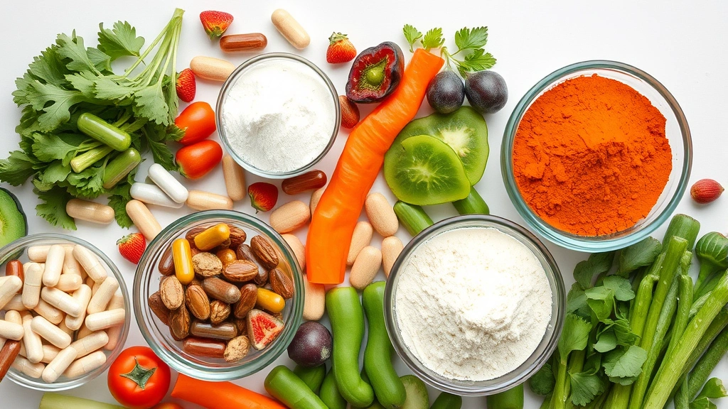 Assorted supplement capsules and powders in glass bowls with fresh vegetables and whole foods, nutritional abundance, clean composition, no labels or text